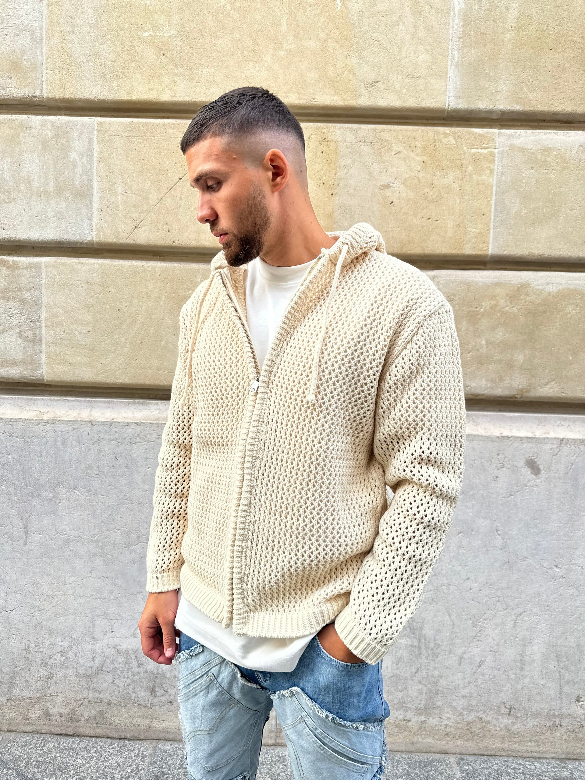 Beige openwork knit vest