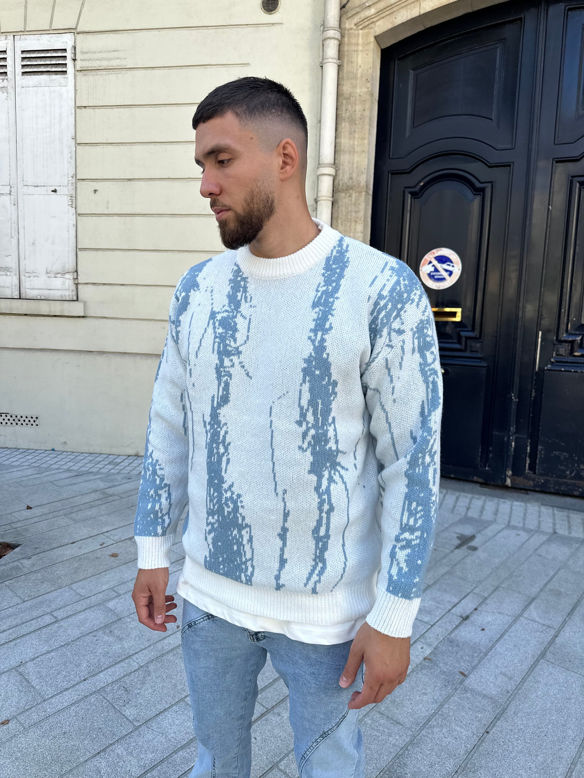 Pull en maille bleu/crème