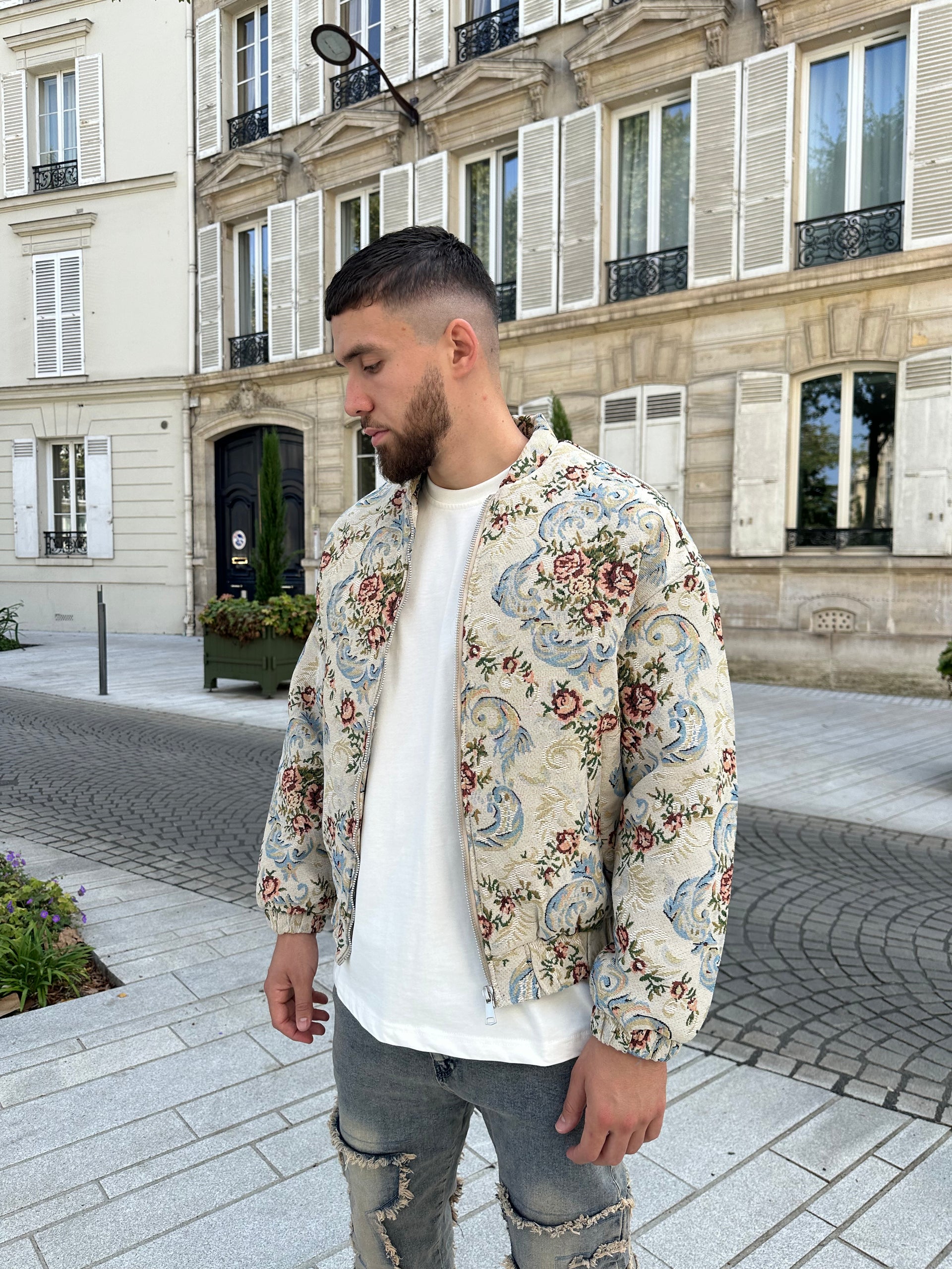 Beige patterned bomber jacket