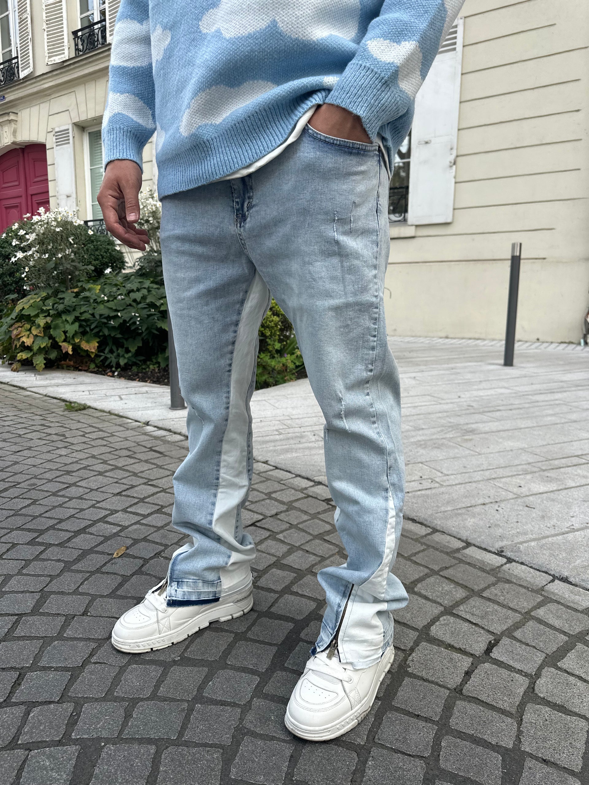 Jean flare bleu/blanc LL254