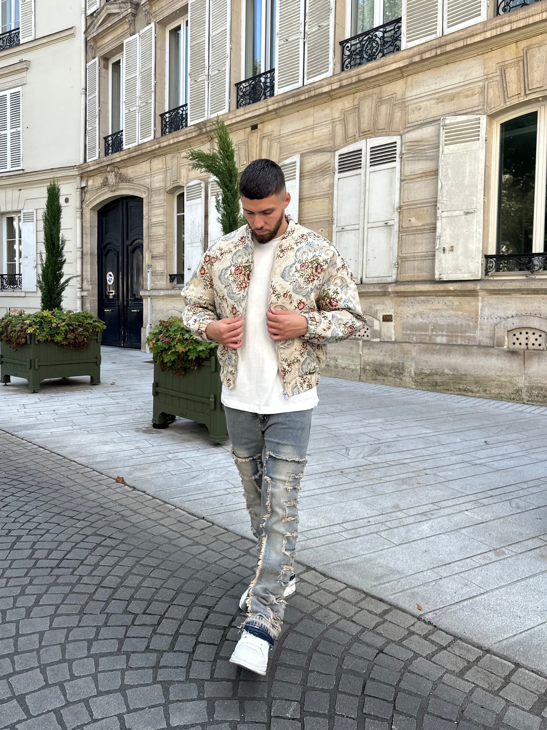 Beige patterned bomber jacket